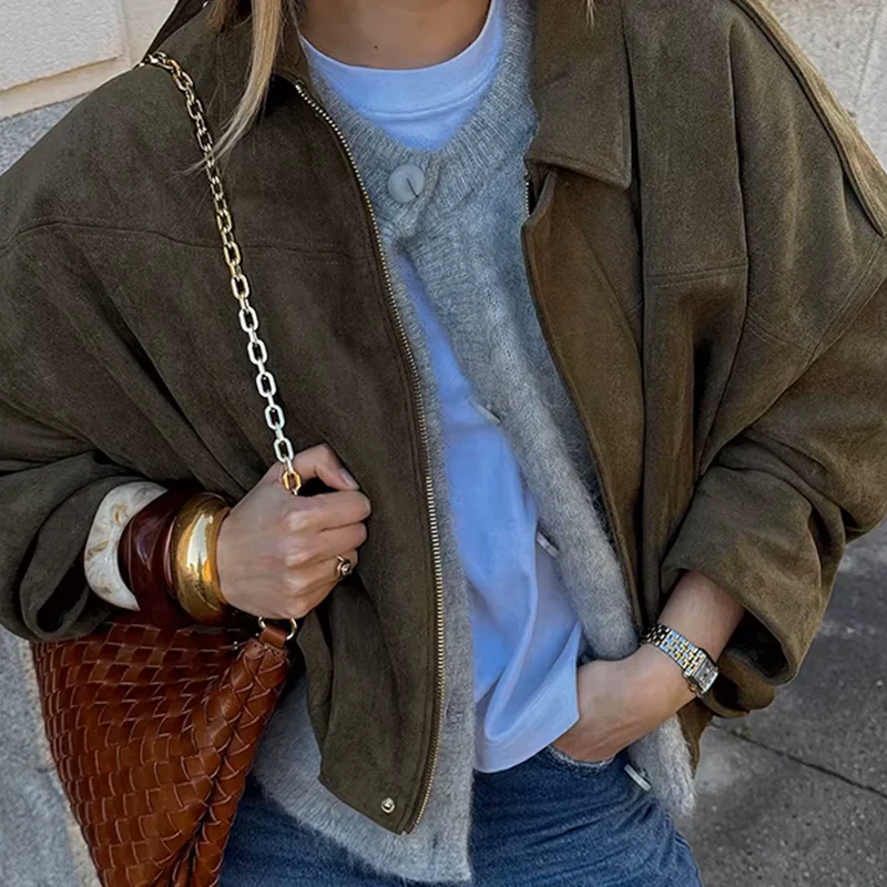 Luxe Khaki Oversized Suede Jacket - Image 3