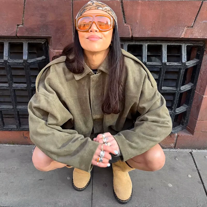 Luxe Khaki Oversized Suede Jacket - Image 4