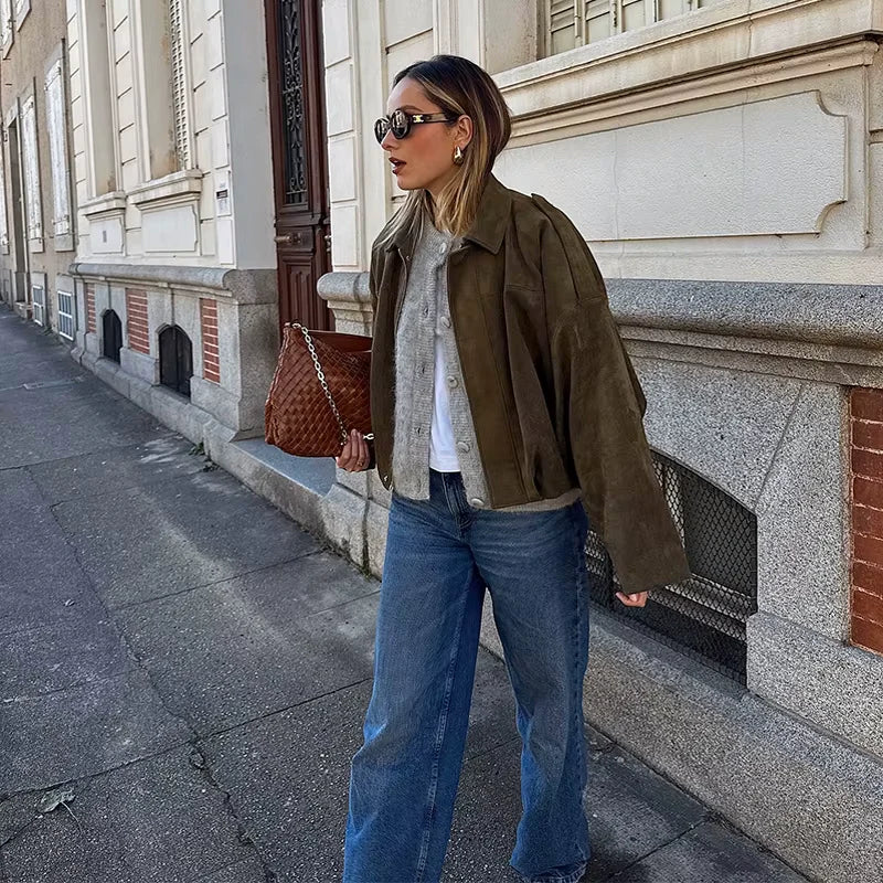 Luxe Khaki Oversized Suede Jacket - Image 5