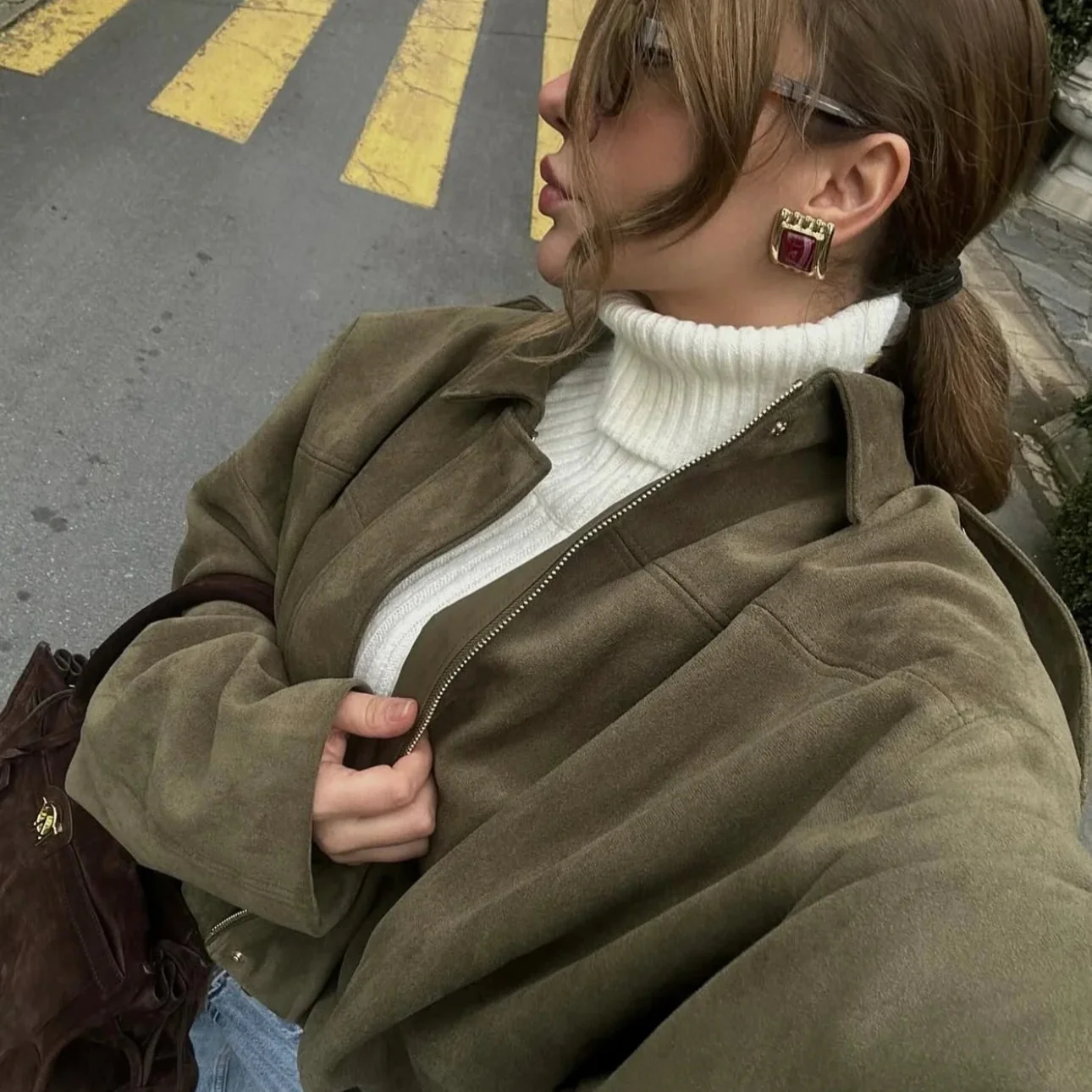 Luxe Khaki Oversized Suede Jacket - Image 6